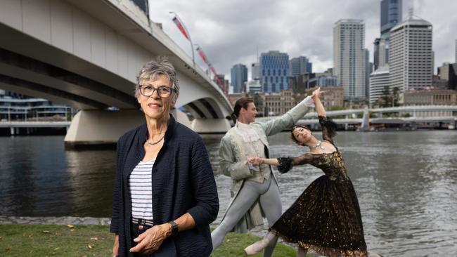 Lady Deborah MacMillan and dancers Joel Woellner and Neneka Yoshida, who perform in Queensland Ballet’s production of Kenneth MacMillan’s Manon. Picture: David Kelly