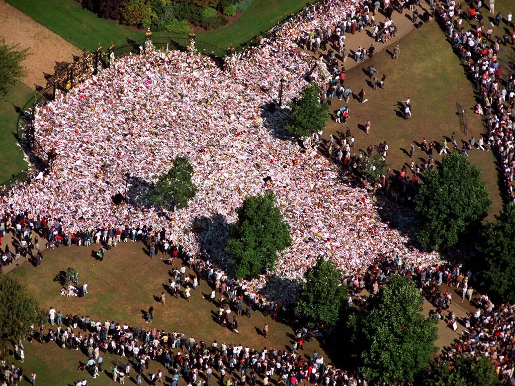 Aerial view of the sea of floral tributes left at the gates of Kensington Palace. Picture: Supplied.