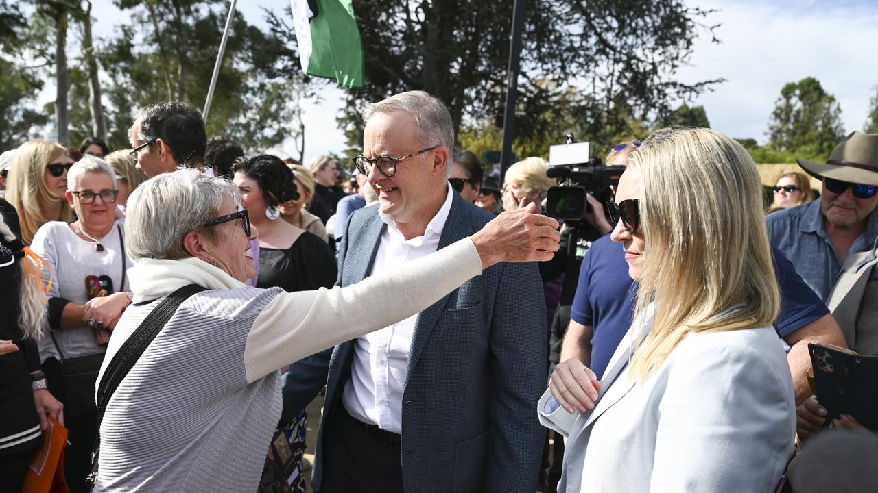 Anthony Albanese and Jodie Haydon attend the No More! National Rally Against Violence march in Canberra. Picture: NCA NewsWire / Martin Ollman