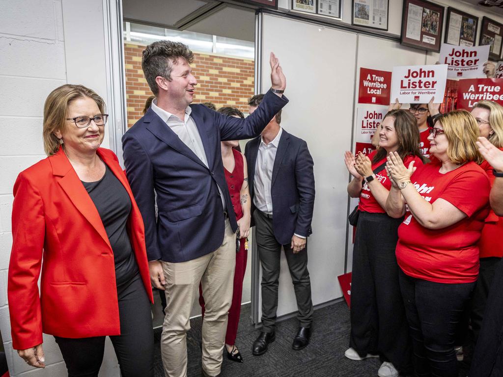 Premier Jacinta Allen with Labor candidate John Lister. Picture: Jake Nowakowski