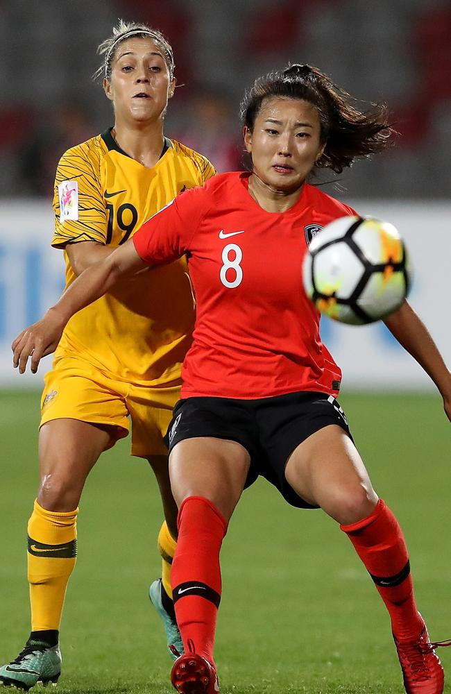 Matilda Katrina Gorry competes with Cho So Hyun of Korea Republic in action during the AFC Women's Asian Cup Group B match in Amman, Jordan. Picture: Francois Nel/Getty Images