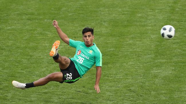 KAZAN, RUSSIA - JUNE 12: Daniel Arzani of Australia shoots on goal during an Australia Socceroos training session ahead of the FIFA World Cup 2018 at Stadium Trudovye Rezervy on June 12, 2018 in Kazan, Russia.  (Photo by Robert Cianflone/Getty Images)