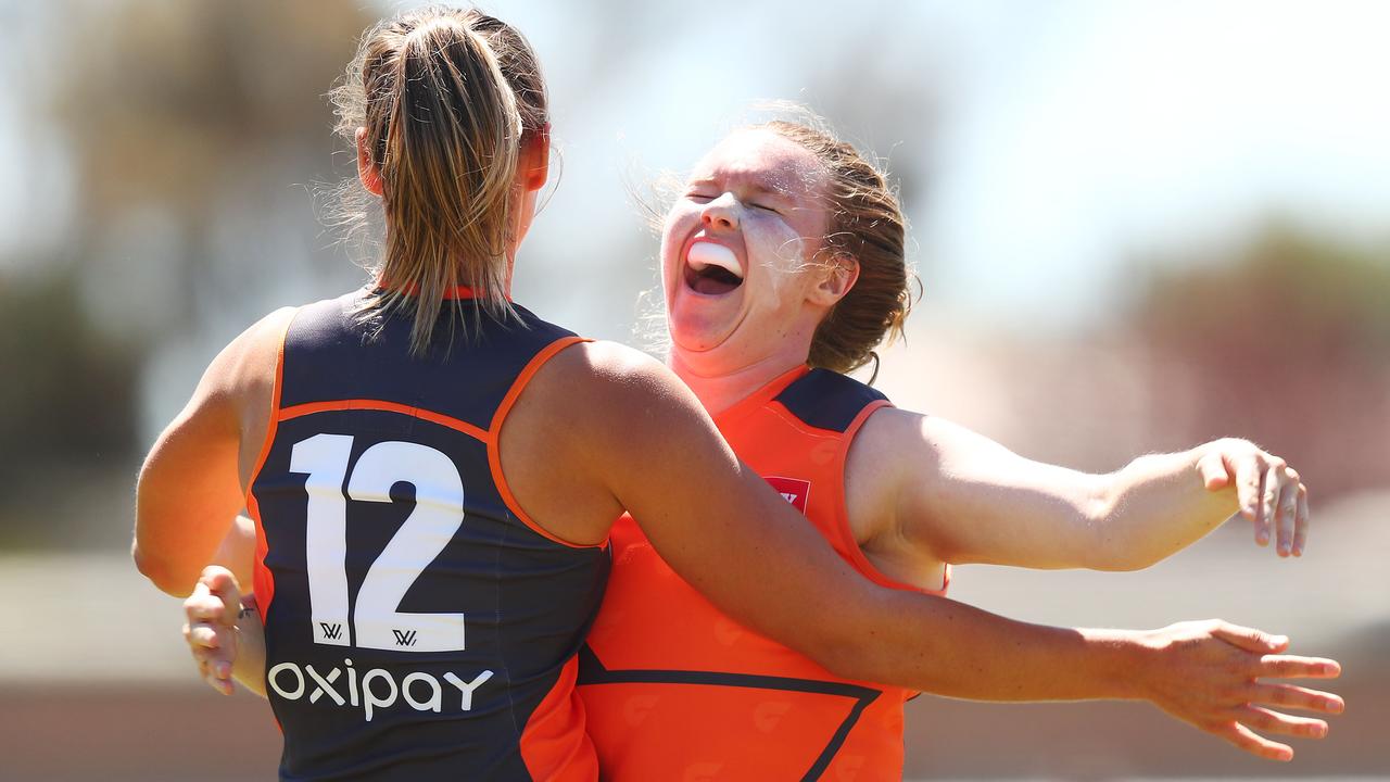 Tait Mackrill celebrates a goal during the AFLW Rd 4 match between Collingwood and GWS.