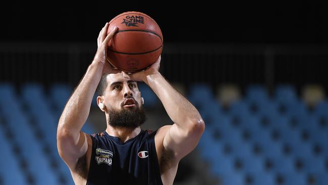 CAIRNS, AUSTRALIA – MARCH 28: Jordan Ngatai of the Taipans warms up during the round 11 NBL match between the Cairns Taipans and the Adelaide 36ers at Cairns Pop Up Arena on March 28, 2021 in Cairns, Australia. (Photo by Albert Perez/Getty Images)