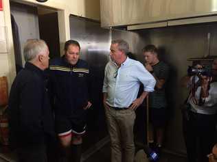 Prime Minister Malcolm Turnbull and Page MP Kevin Hogan talk to Steve Kreig, owner of Lismore business La Baracca. Picture: Marc Stapelberg