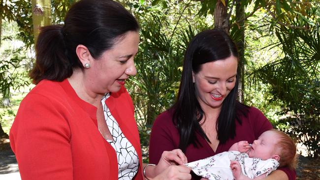 Premier Annastacia Palaszczuk meeting Keppel MP Brittany Lauga and being introduced to her new born baby girl Odette, at the Dreamtime Cultural Centre in Rockhampton. (AAP Image/Darren England)