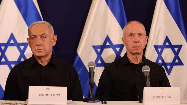 Israeli Prime Minister Benjamin Netanyahu (L) and Defence Minister Yoav Gallant attend a press conference in the Kirya military base in Tel Aviv. Picture: AFP.