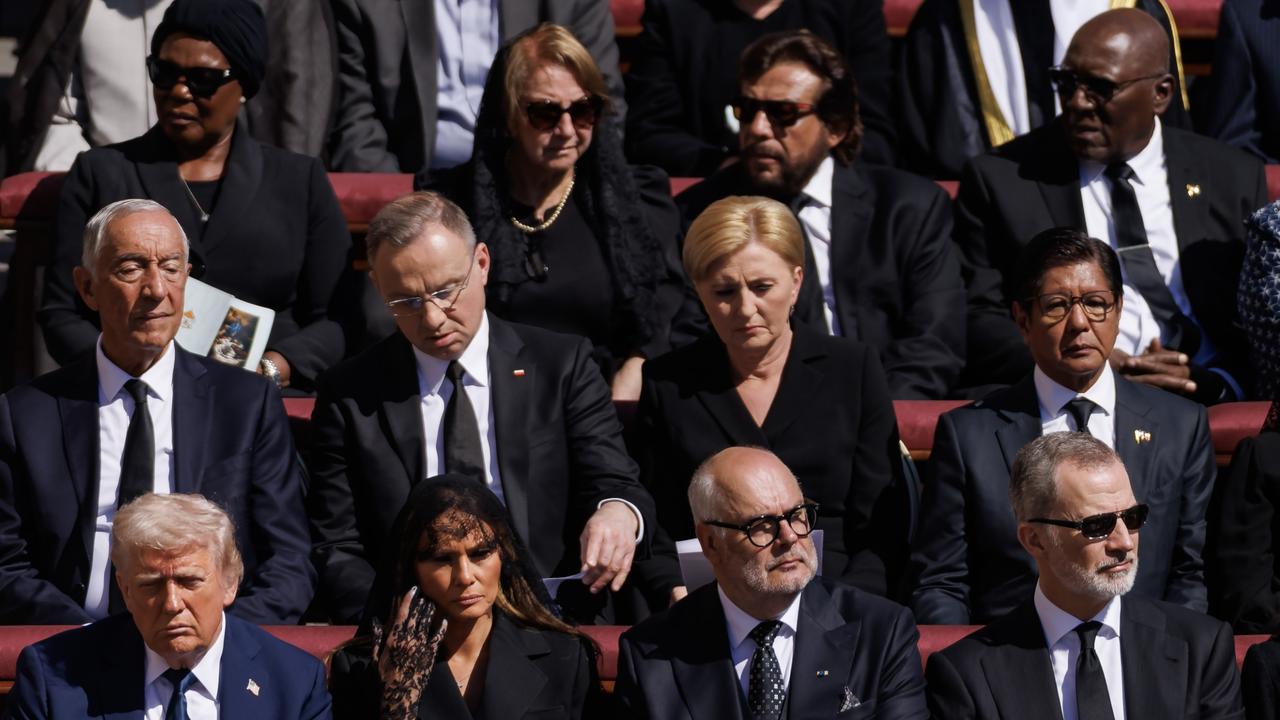 US President Donald Trump, bottom left, didn’t get the memo that black attire was appropriate dress for the funeral of Pope Francis and wore a blue suit – but his wife, US First Lady Melania Trump, evidently knew what was expected. Picture: Dan Kitwood/Getty Images