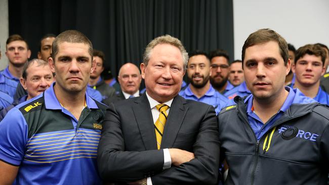 Western Force captain Matt Hodgson, Andrew Forrest and Force coach David Wessels are looking at their options. Picture: Colin Murty