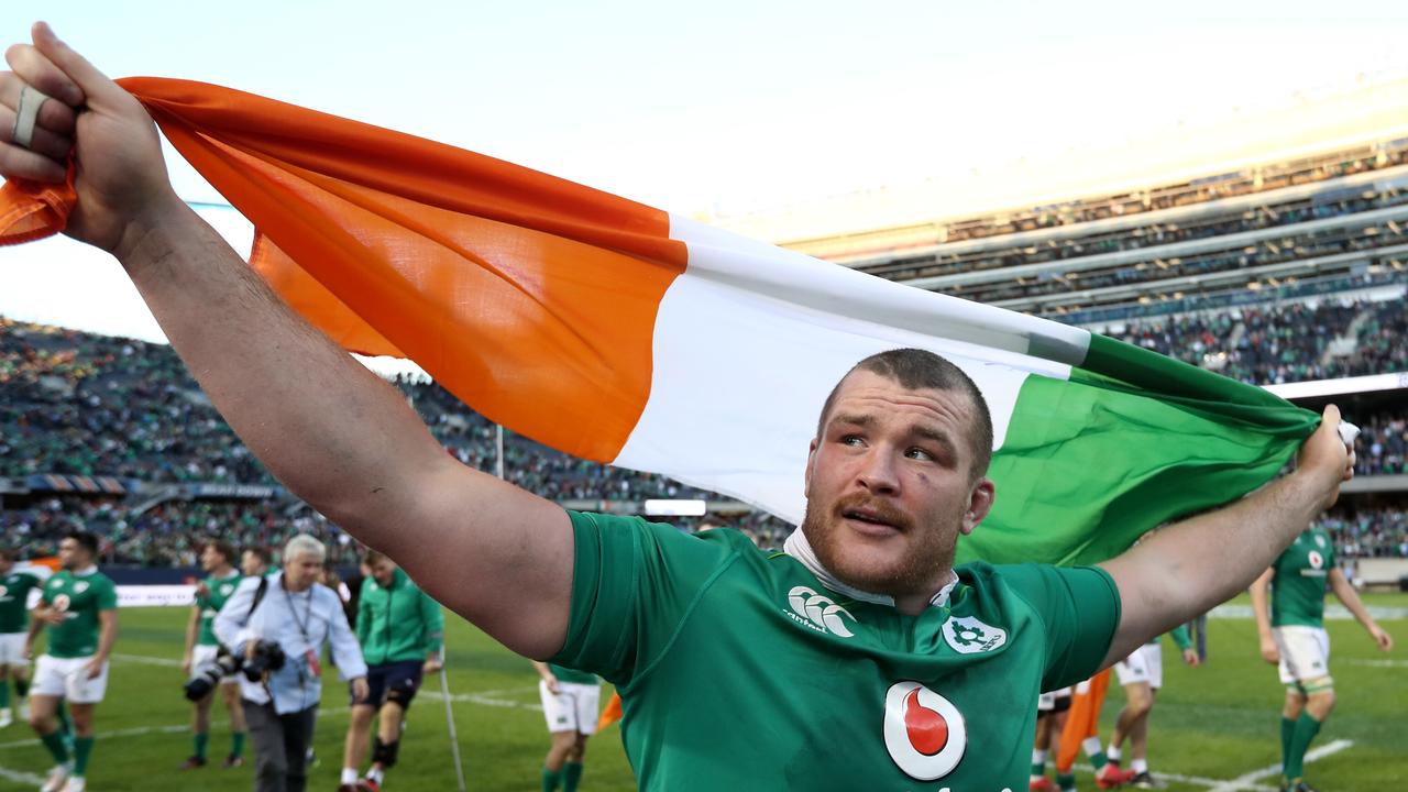 Jack McGrath of Ireland celebrates his team’s 40-29 victory against New Zealand in 2016.