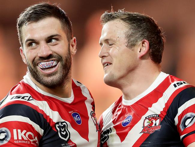 SYDNEY, AUSTRALIA - JUNE 15: Brett Morris of the Roosters celebrates scoring a try with team mate James Tedesco of the Roosters during the round five NRL match between the Canterbury Bulldogs and the Sydney Roosters at Bankwest Stadium on June 15, 2020 in Sydney, Australia. (Photo by Mark Metcalfe/Getty Images)