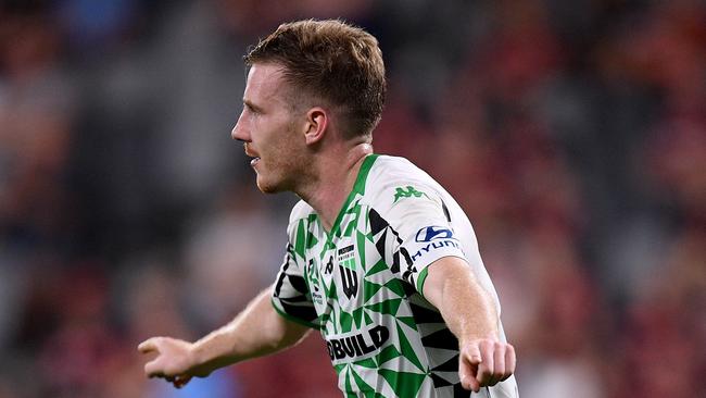 Western United’s Aaron Calver celebrates a goal against Western Sydney last December before the A-League was shut down. Picture: AAP