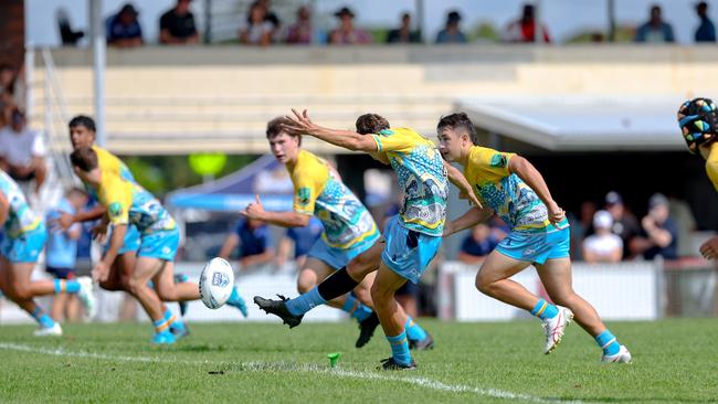 Ethan Alcorn kicking off in action for the Northern Rivers Titans against the Newcastle-Maitland Region Knights during round one of the Andrew Johns Cup. Picture: DC Sports Photography.