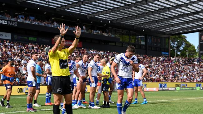 Things went from bad to worse for the Bulldogs, after Kyle Flanagan was controversially sin-binned for a professional foul on Tom Trbojevic. Picture: NRL Imagery.