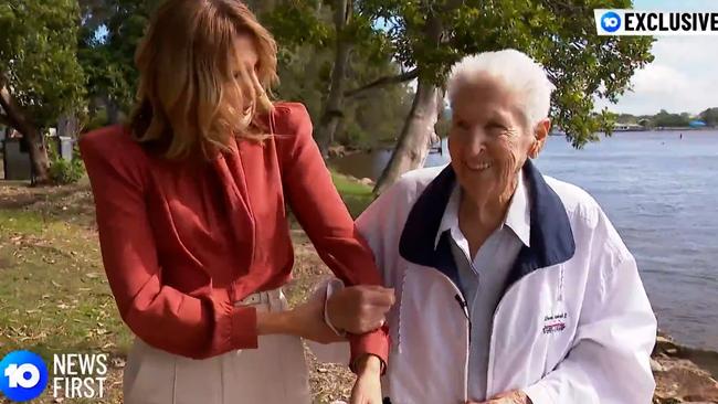 Australia’s original golden girl Dawn Fraser spoke to 10 News presenter Sharyn Ghidella about her fall at her Sunshine Coast home in December last year. Picture: Channel 10