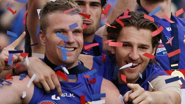 Jake Stringer celebrates the 2016 flag. Picture: Wayne Ludbey