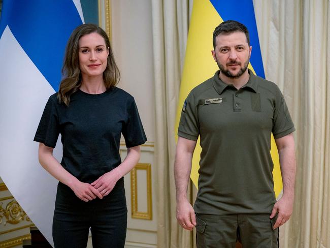 Sanna Marin and Volodymyr Zelensky before their talks in Kyiv. Picture: AFP