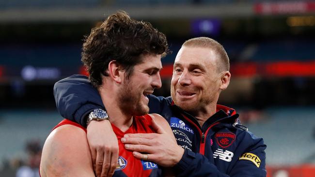 Simon Goodwin (right) and Angus Brayshaw (left). (Photo by Dylan Burns/AFL Photos via Getty Images)