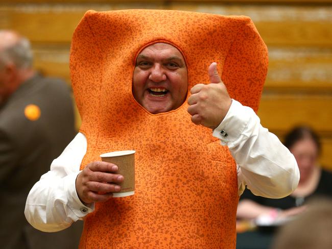 Local candidate Mr Fishfinger waits as ballot papers are counted at the Westmoorland and Lonsdale constituency count at Kendal Leisure Centre in Cumbria, North West England. Picture: Dave Thompson/Getty Images