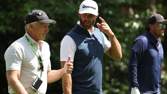 LIV Golf CEO Greg Norman pictured with Dustin Johnson of The United States and Phil Mickelson of the United States. (Photo by Matthew Lewis/Getty Images)