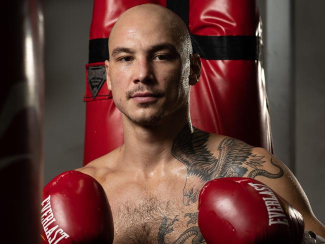 12th April 2022. The DailyTelegraph. SportWaterloo, Sydney , NSW.Pics by Julian Andrews.Portraits of boxer Mateo Tapia taken at Bondi Boxing Gym in Waterloo.Mateo was nearly killed in a car crash, then turned his life around and is now one of Australia's brightest boxing talents.