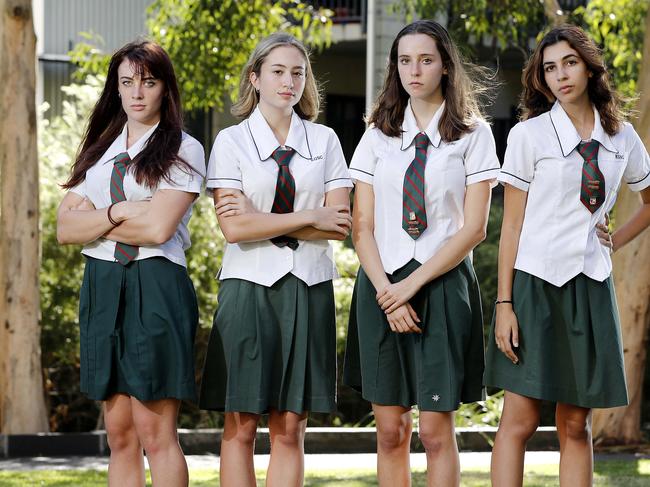 Year 12 students Jess Craig, Lily Shortis, Trinity Barr-Thomson, and Leyna Fassi from Kelvin Grove College pictured at Kelvin Grove, Brisbane 25th of March 2021.  The girls have giving a power speech on sexual assault in light of recent events reported in the media.  (Image/Josh Woning)