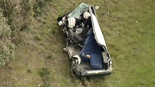 The remains of the van after a crash on the Western Freeway. Picture: Channel 9