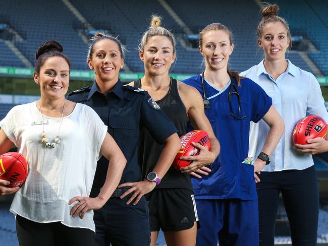 Shae Audley, Carlton; Laura Bailey, Western Bulldogs; Melissa Hickey, Melbourne; Tiarna Ernst, Western Bulldogs; Emma King, Collingwood. Picture: Ian Currie