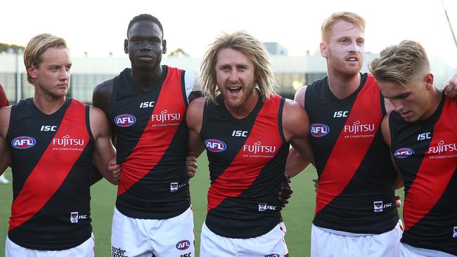 Dyson Heppell motivating his teammates during Essendon’s JLT Series game against Carlton last week. Picture: Getty Images