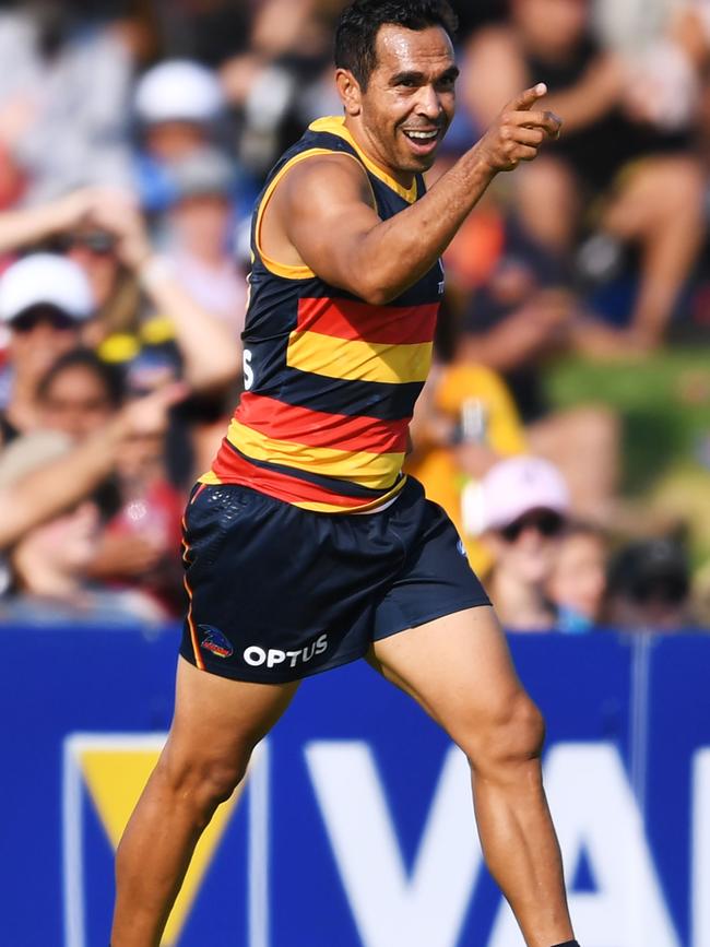 Adelaide Crows Eddie Betts celebrates a goal against Port Adelaide at Port Pirie’s Memorial Oval. Picture: Mark Brake/Getty