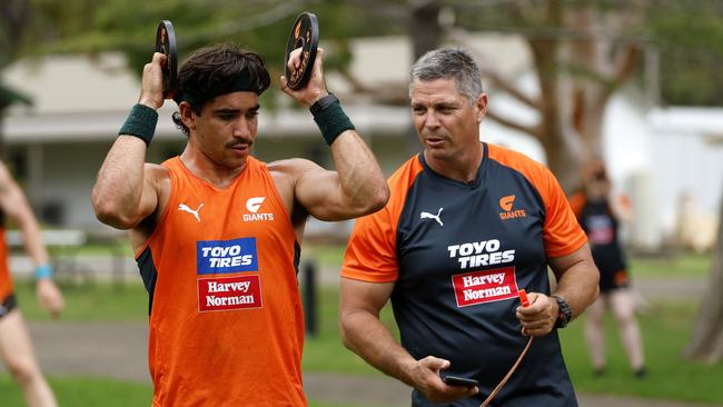 Toby Bedford and coach Adam Kingsley during the GWS Giants pre-season training camp. Picture: Phil Hillyard