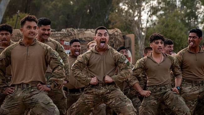 Members of the NZ Defence Force perform the Haka Tu before Exercise Talisman Sabre 2023.