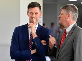 Palaszczuk Government Ministers Mark Bailey (left) and Stirling Hinchliffe before the Darling Downs and South West regional community forum at Clive Berghofer Stadium, Monday, October 28, 2019. Picture: Kevin Farmer