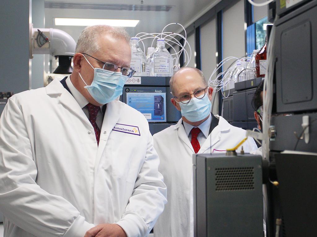 Prime Minister Scott Morrison and Professor Peter Kelly inspect the AstraZeneca lab in Sydney. Picture: Getty