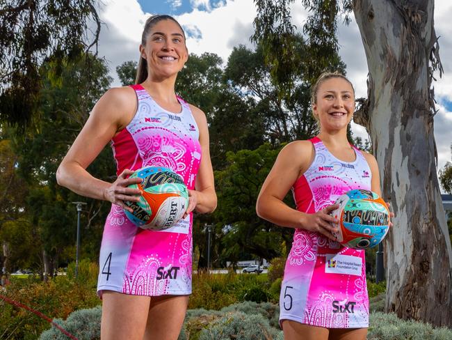 Matilda Garrett (left) hopes she can get on court with great friend and Thunderbirds teammate Georgie Horjus in Thursday’s Test against England in Adelaide. Picture: Sarah Reed