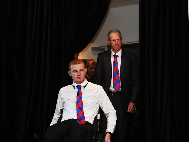 Former Newcastle Knights forward Alex McKinnon and coach Wayne Bennett share a special bond. Picture: Phil Hillyard