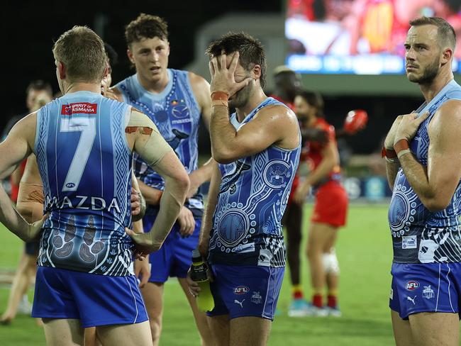 The Kangaroos were smashed in a decisive second quarter, as the Suns kicking seven goals to none. Picture: Robert Cianflone/Getty Images.