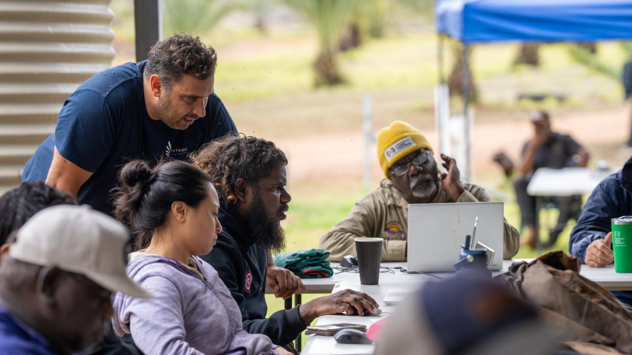 Anthony Petrick and the Akityarre Rangers undertaking Indigenous mapping training. The Central Land Council held a three day ranger camp at Ross River Resort, south east of Alice Springs, on March 25 to 27. Picture: Central Land Council