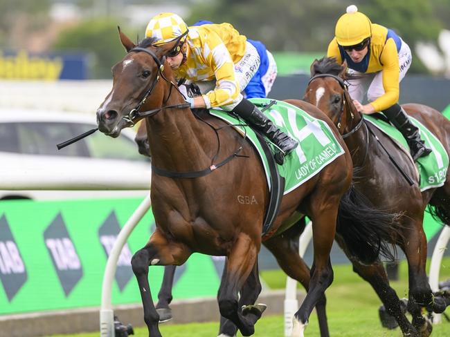 TAB GOLDEN SLIPPER Race 8 - Rosehill Gardens, 23/03/2024, Winner - Lady Of Camelot, Jockey - Blake Shinn, with Storm Boy (Ryan Moore) following. Picture: Bradley Photos