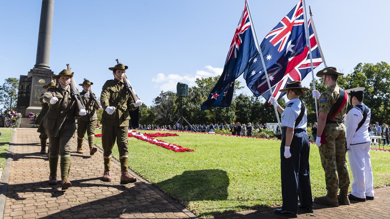 The Toowoomba Grammar School Honour Guard leaves the monument at the conclusion of the Anzac Day Toowoomba Mid-Morning Service of Remembrance at the Mothers' Memorial, Tuesday, April 25, 2023. Picture: Kevin Farmer