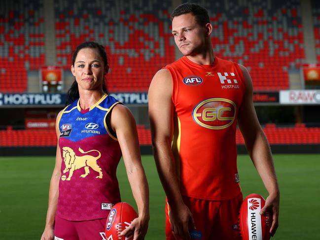 Leah Kaslar from the Brisbane Lions WAFL team squares off with Steven May from the Gold Coast Suns at Metricon Stadium. Both players a key defenders for their teams. Pics Adam Head