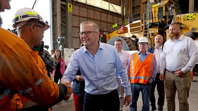 Labor leader Anthony Albanese visits Mount Thorley Warkworth mine in regional New South Wales on day 4 of the federal election with Labor candidate for Hunter Dan Repacholi. Albo meets some of the workers. Picture: Toby Zerna