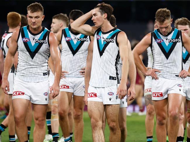 BRISBANE, AUSTRALIA - SEPTEMBER 09: The Power look dejected after a loss during the 2023 AFL Second Qualifying Final match between the Brisbane Lions and the Port Adelaide Power at The Gabba on September 09, 2023 in Brisbane, Australia. (Photo by Michael Willson/AFL Photos via Getty Images)