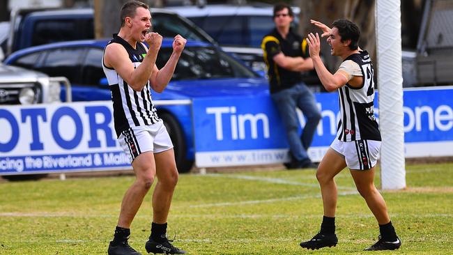 Waikerie footballer Daniel Nobes celebrates his 100th goal of the season in Riverland Football League clash against Loxton on Saturday. Picture: Grant Schwartzkopff