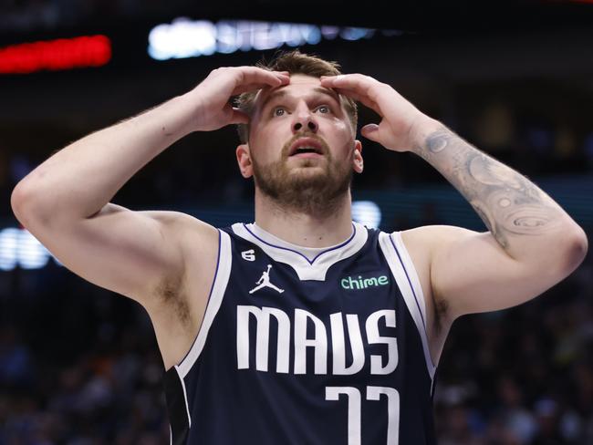 DALLAS, TX - FEBRUARY 26 : Luka Doncic #77 of the Dallas Mavericks reacts late in the game against the Los Angeles Lakers in the second half at American Airlines Center on February 26, 2023 in Dallas, Texas. The Lakers won 111-108. NOTE TO USER: User expressly acknowledges and agrees that, by downloading and or using this photograph, User is consenting to the terms and conditions of the Getty Images License Agreement. (Photo by Ron Jenkins/Getty Images)