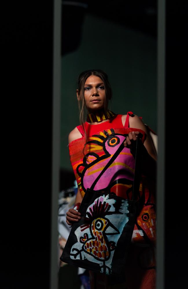 Calli-Rose Woods at the 2024 Country to Couture at the Darwin Convention Centre showcases hand-designed First Nations fashion. Picture: Pema Tamang Pakhrin