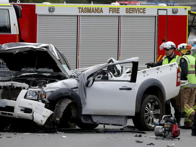 Tasmania Police, Tasmania Fire Service and Ambulance crews attend a 4 vehicle motor accident on the Tasman Highway at Mornington Picture: LUKE BOWDEN