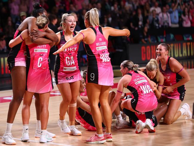 Thunderbirds celebrate victory in the Super Netball Grand Final. Picture: Getty Images