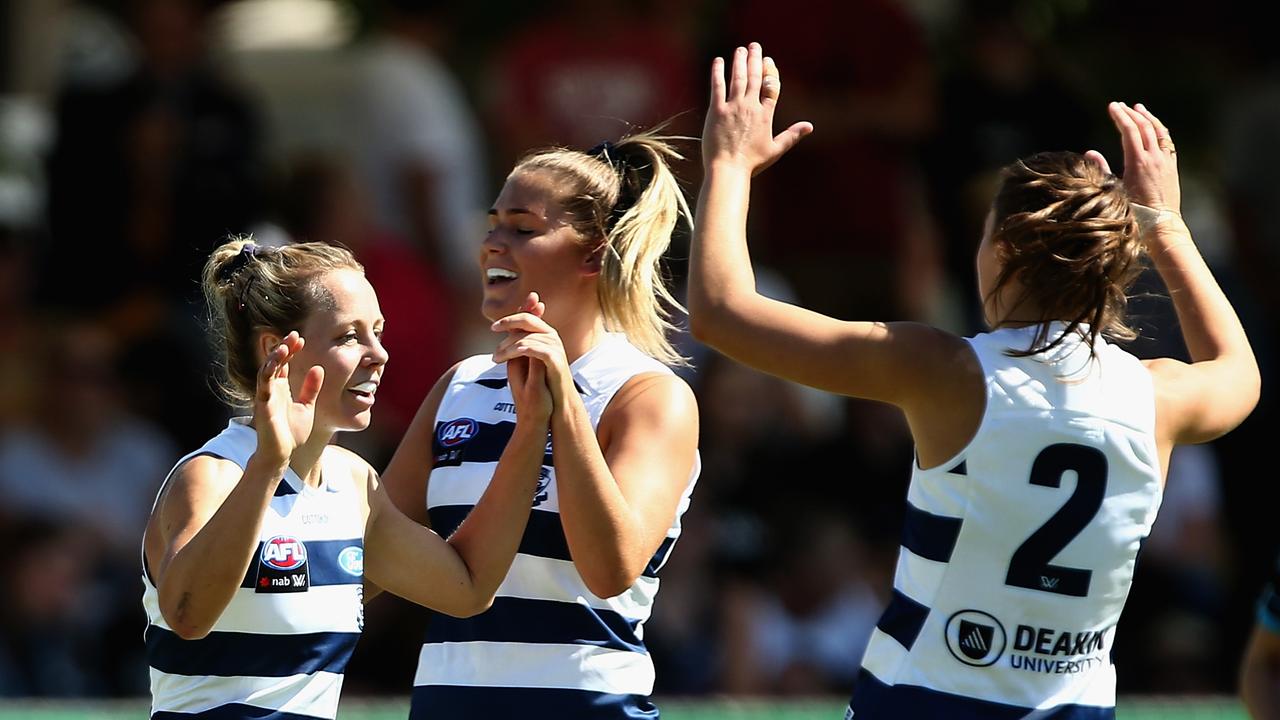 Renee Garing celebrates after a Cats goal. Picture: AAP Image