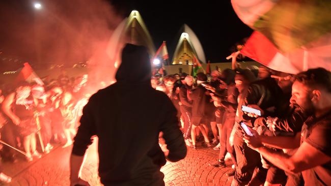 Palestinian protesters on the forecourt of The Sydney Opera House. Picture: NCA NewsWire / Jeremy Piper